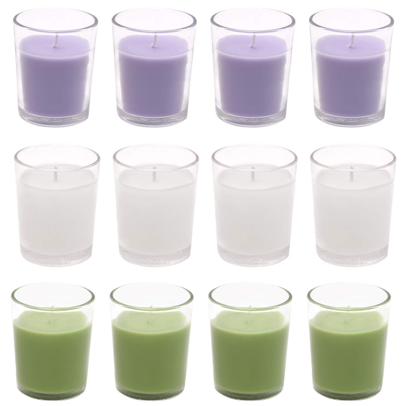 Amazon Brand - Solimo Votive Glass Candles, Pack of 12 (Scented - Jasmine, Lavender & Lemon Grass)