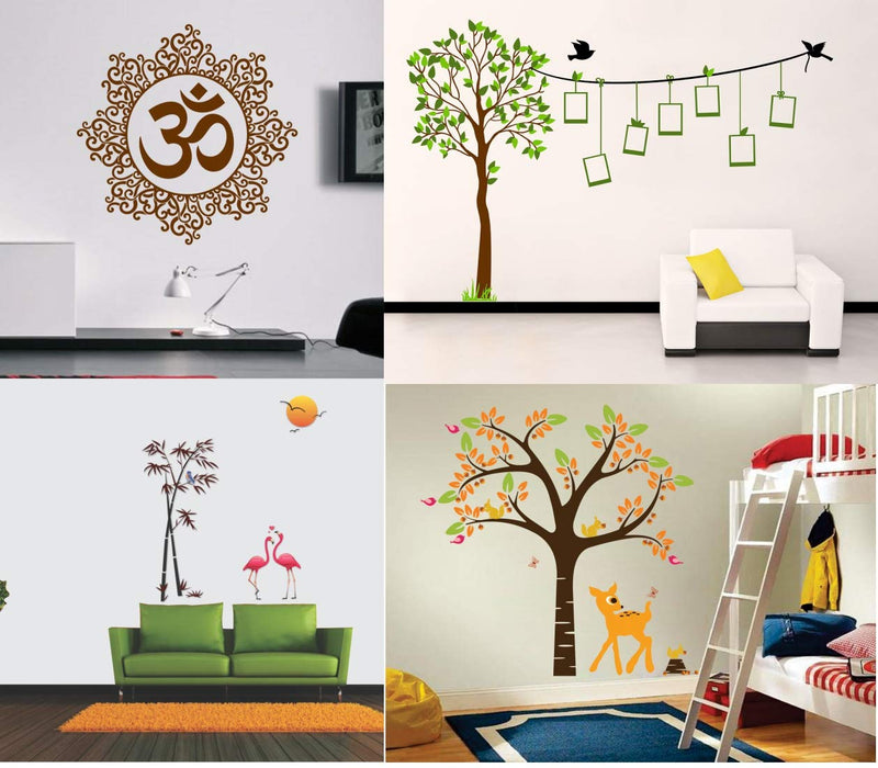 Walltech Combo of 4 Wall Sticker Designer om-(50 x 50 cms) | Elegant Orange Deer and Tree-(92 x 93 cms) | Family Tree-(185 x 122 cms) | Flamingos and Bamboo-(150 x 125 cms) - Material Vinyl