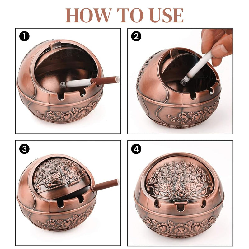 HASTHIP® Peacock Ashtray Retro Zinc Alloy Ashtray with Closing Lid Decorative Embossing Peacock Ashtry with 3 Cigarette Holder Grooves Home Gift Car Ashtry, 10x10x9cm