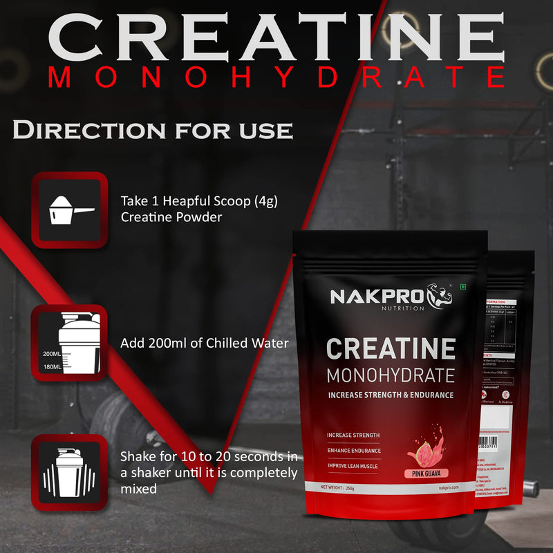 NAKPRO MICRONIZED CREATINE MONOHYDRATE, (Pink Guava,Pack of 250g Powder), Highest Grade, Fast Dissolving & Rapidly Absorbing Creatine helps Muscle Endurance & Recovery