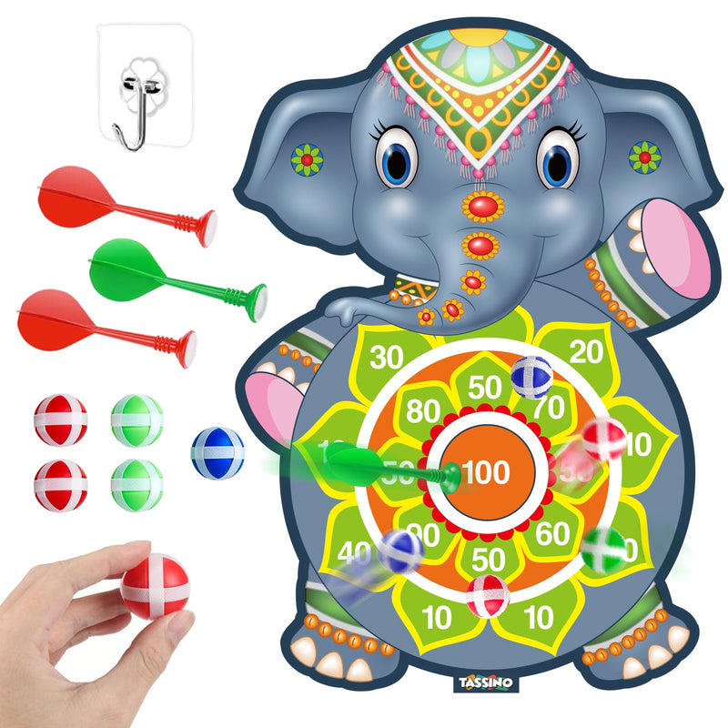 Tassino Dart Game for Kids Cartoon Target Game Toy Sets Dart Board with 5 Velcro Balls and 1 Hanger -Children's Indoor Outdoor Sport Game Toys Gifts (Elephant (5 Balls and 3 Darts))