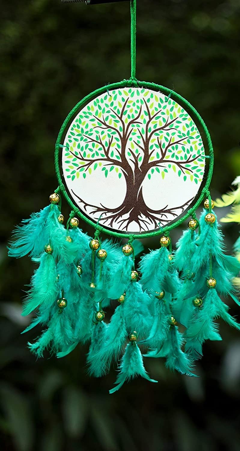 DULI Dream Catcher Handmade Tree of Life Canvas Dreamcatcher for Bedrooms Office Balcony Outdoors Garden Car Hanging, 49cm, Dreamkacher (CanvasTreeofLifeMediumDC-Green)