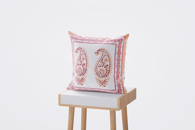 BLOCKS OF INDIA Hand Block Printed Cotton Cushion Cover (16 X 16 Inches) (5, Peach Paisley), 250 TC