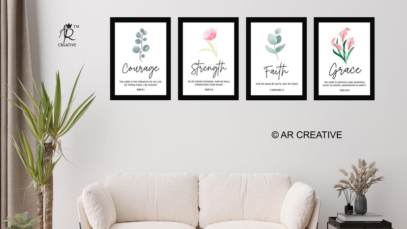 AR Creative Synthetic Courage - Bible Verse Wall Art, Bible Quotes Print With Frame, Home, Office Decor, Bible Quotes Poster (13.6 Inch X 10.2 Inch), (Collarge 20.4 Inch X 27.2 Inch) Set Of 4