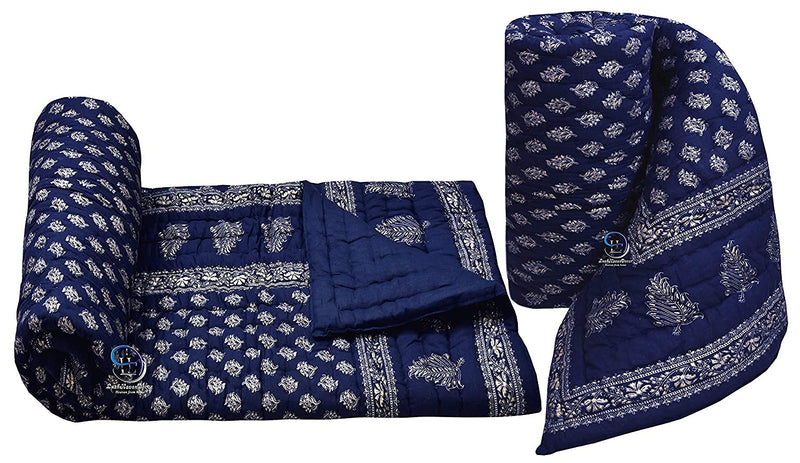 Woodsy Jaipuri Razai Rajasthani Traditional Blue Silver Gold Printed Pure Cotton Soft Light Weight Winter and Summer Rajai Ac Quilt Razai/Rajai/Quilt/Blanket/Dohar/Jaipur Blanket (Set of 2 Single Bed)