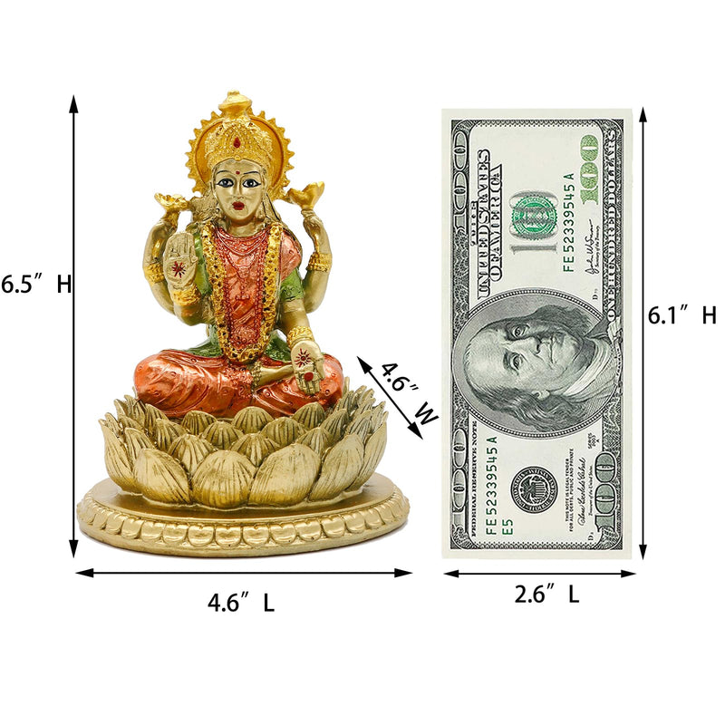 6.3" H Lakshmi On Lotus Polystone in Antique Gold, lndian Laxmi Statue Hindu Murti Figurine for India Buddha for Home Temple Mandir Hindu Gods and Goddesses for Diwali Party Present Birthday