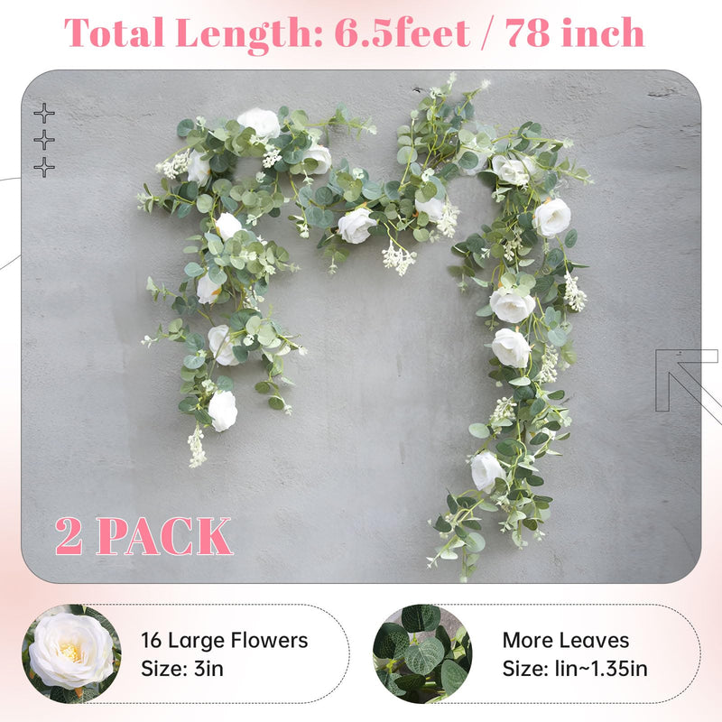 Der Rose 2Pack 13ft Artificial Eucalyptus Garland with White Fake Silk Flower Vine Eucalyptus Leaves Greenery Garland for Wedding Arch Table Decor