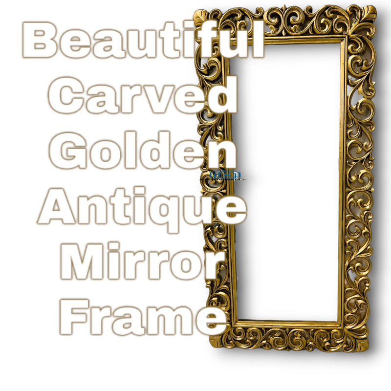 A.M INTERNATIONAL Wooden Carved Mirror Frame | Wooden Antique | Wall Hanging Mirror | Wooden Mirror Jharokha | Solid Wood | Horizontal, Vertical,Rectangular Without Mirror (4 * 2.5FT Antique Gold)