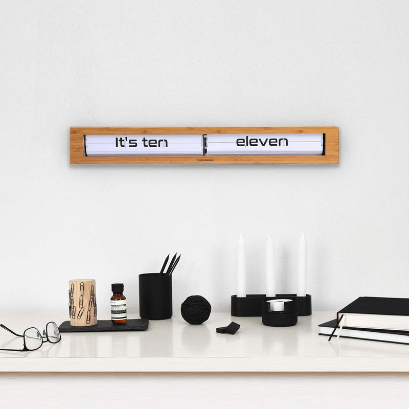 Cloudnola Texttime Wood Wall and Tabletop Flip Clock and Wall Decor, Bamboo and White, 24 inches Wide, Battery Operated Digital Display, Perfect for Living Room, Kitchen, Bedroom, Office and More!