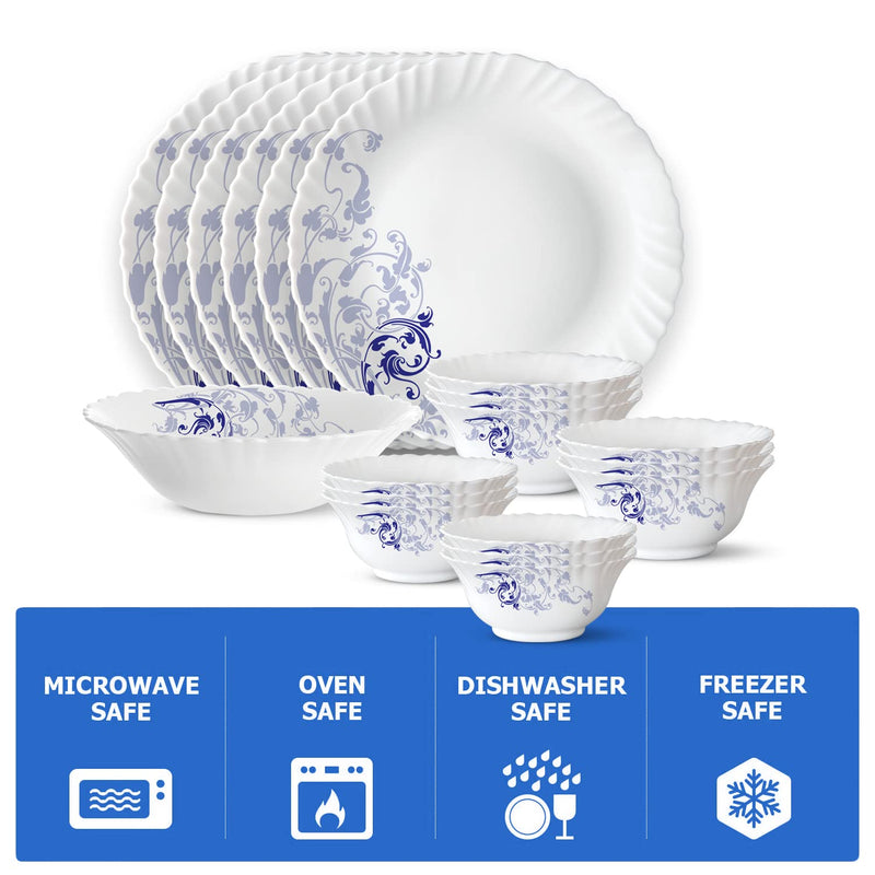 Larah by Borosil Blue Eve Silk Series Opalware Dinner Set | 19 Pieces for Family of 6 | Microwave & Dishwasher Safe | Bone-Ash Free | Crockery Set for Dining & Gifting | Plates & Bowls | White