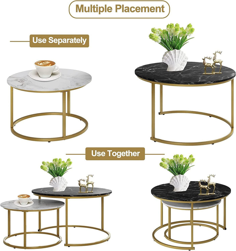 Zareen Mart Marble Nesting Golden Coffee Table 22In Large Set of 2, Metal Frame Circular and Round Wooden Tables 22in, Living Room Bedroom Apartment Modern Industrial Simple Nightstand