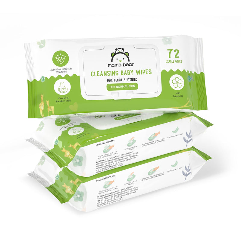 Amazon Brand - Mama Bear Cleansing Baby Wipes With Lid, Enriched with Aloe vera & Vitamin E, Paraben Free, pH Balanced & Dermatologically tested, 72 Count (Pack of 3)