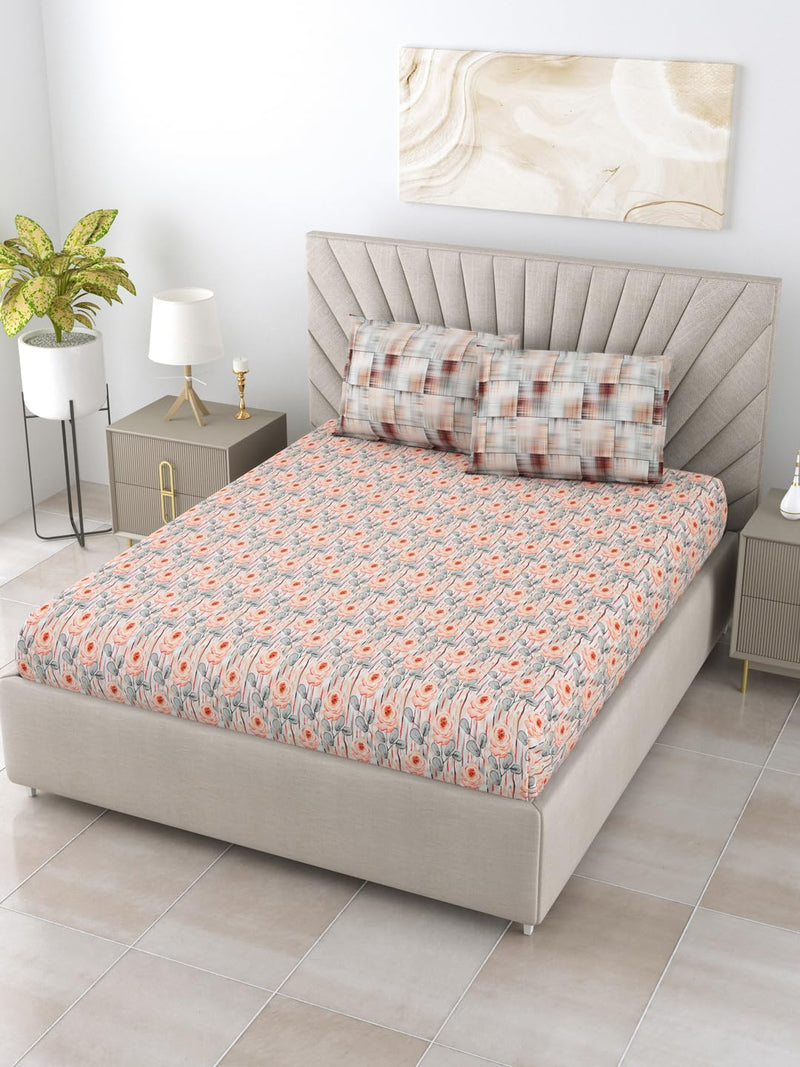 Salona Bichona Peach Floral Printed Cotton 300 Tc King Size Bedsheet with 2 Pillow Covers