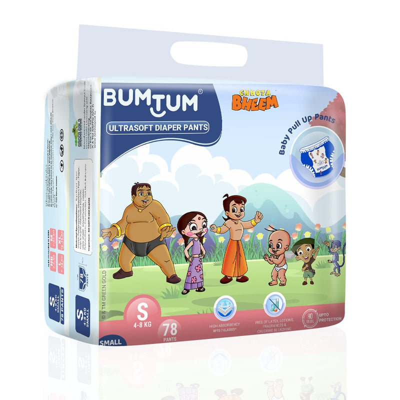 Bumtum Chota Bheem Small/S Size Baby Diaper Pants, 156 Count, Leakage Protection Infused With Aloe Vera, Cottony Soft High Absorb Technology