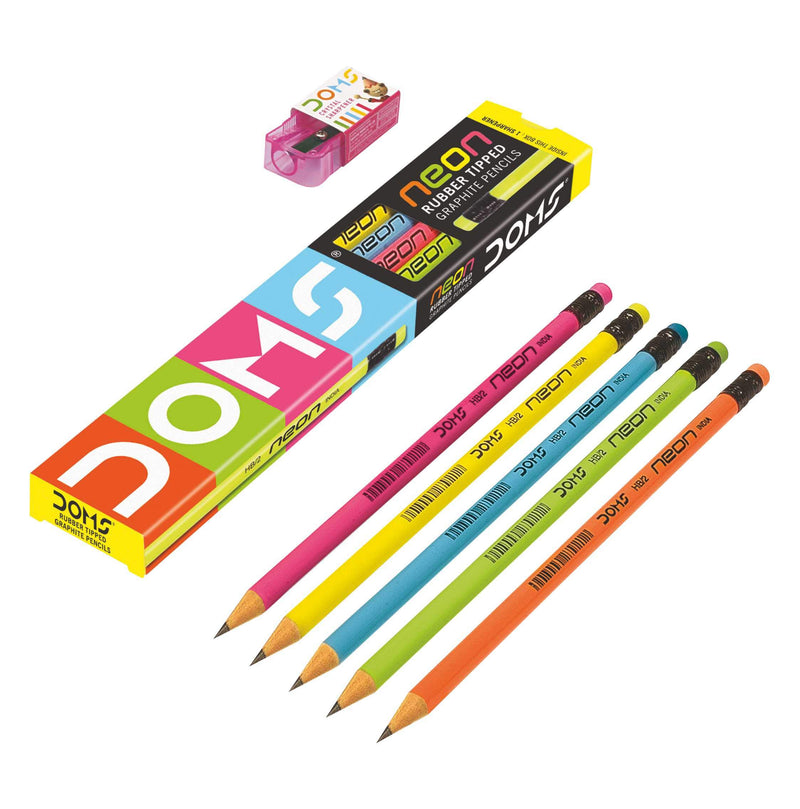 DOMS Neon Rubber Tipped HB/2 Graphite Pencils Box Pack | Non-Toxic | Free Sharpner Inside The Box | Easy & Smooth Sharpening | Pack Of 10 Pencils