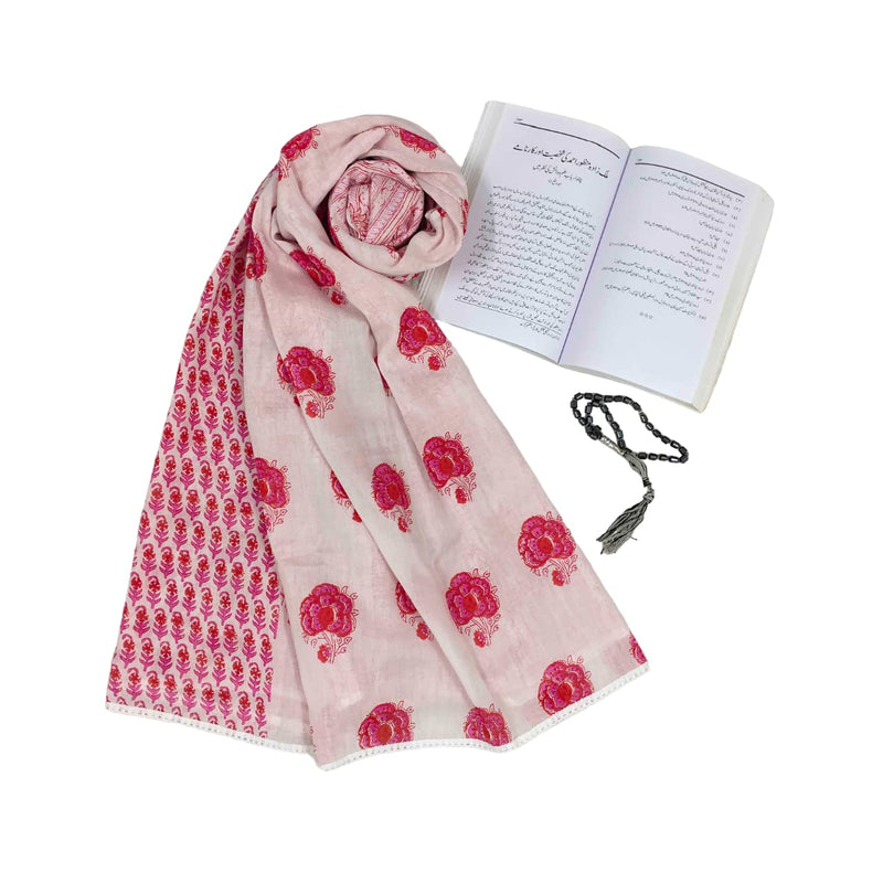 ANA - Beautiful Cotton Namaz Rida/Chadar with Traditional & Elegant Floral Prints - Ideal for Daily Prayers & Special Occasions (Pink & White)