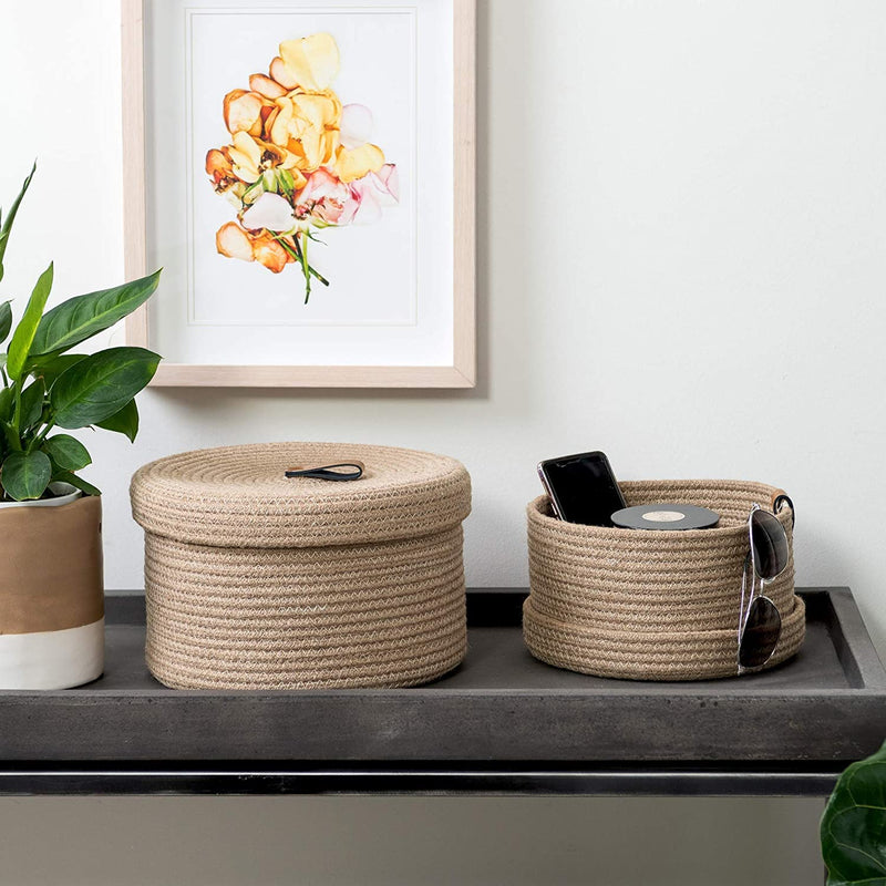 GRATIFY HOME boho round mini rope paper storage jute woven Shelf basket hamper baby nursery tray bucket organizer gifts set of 2 for kids toys,fruits,living room,bathroom,kitchen,office set 2 (Brown)