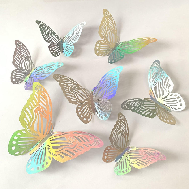 JAAMSO ROYALS Silver Colourful 3D Butterfly Self Adhesive Living Room Bedroom Kitchen Decor Wall Sticker (Set of 12, Pack of 1)