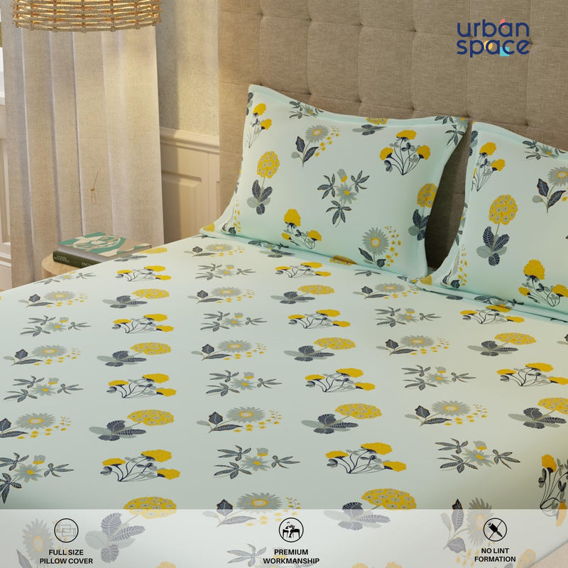 Urban Space Serene 200 TC 100% Cotton Bedsheet for King Bed, Cotton King Bedsheet with 2 Pillow Covers (Radiance Sky Blue, Size 108 x 108 inches)