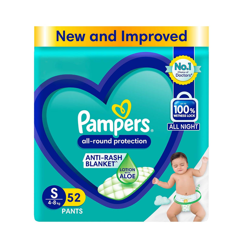 Pampers All round Protection Pants Style Baby Diapers, Small (S) Size, 52 Count, Anti Rash Blanket, Lotion with Aloe Vera, 4-8kg Diapers