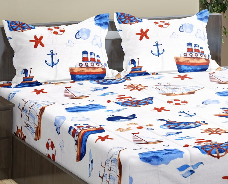 Trance Home Linen Design 180TC 100% Cotton King Size Cartoon Printed Kids Bedsheet | Bedding Set of King Size Flat Bed Cover with 2 Pillow Covers (108x108 inch | 9ft x 9ft - Boat Blue)