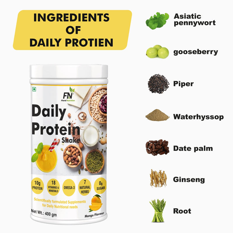 Floral Nutrition Daily Protein Shake with Herbal Blend, Omega-3, 18 Vitamins & Minerals for Energy, Immunity - Men and Women - 400 gm, Mango Flavor (16 Serving) Sugar Free