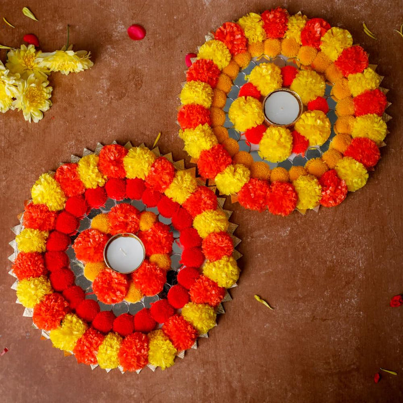 RR Crafts Gajra Rangoli – Reusable Rangoli Mats with Artificial Marigold, Gota Flowers, and White Gajra for Festive Decor | Rangoli Door Mats (Pack of 2)