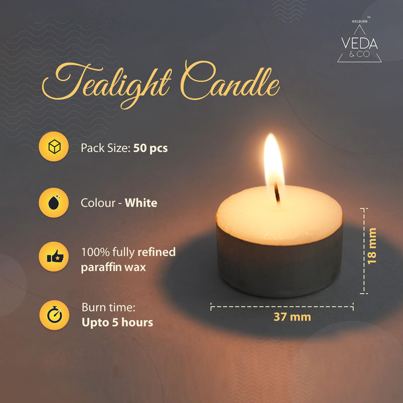 Welburn Veda&Co™ Wax Tealight Candles - Pack of 50, 5 Hours Burning Time, 100% Fully Refined Paraffin Wax, Unscented, Smokeless, Dripless, for Home Decor, Offices & Other Occasions (White)