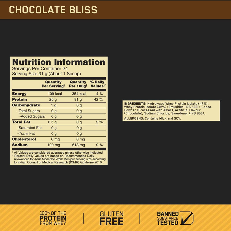 Optimum Nutrition (ON) Gold Standard 100% Isolate 2 lb, 744 g (Chocolate Bliss), for Muscle Support & Recovery, Vegetarian - 100% Protein from Whey Isolate