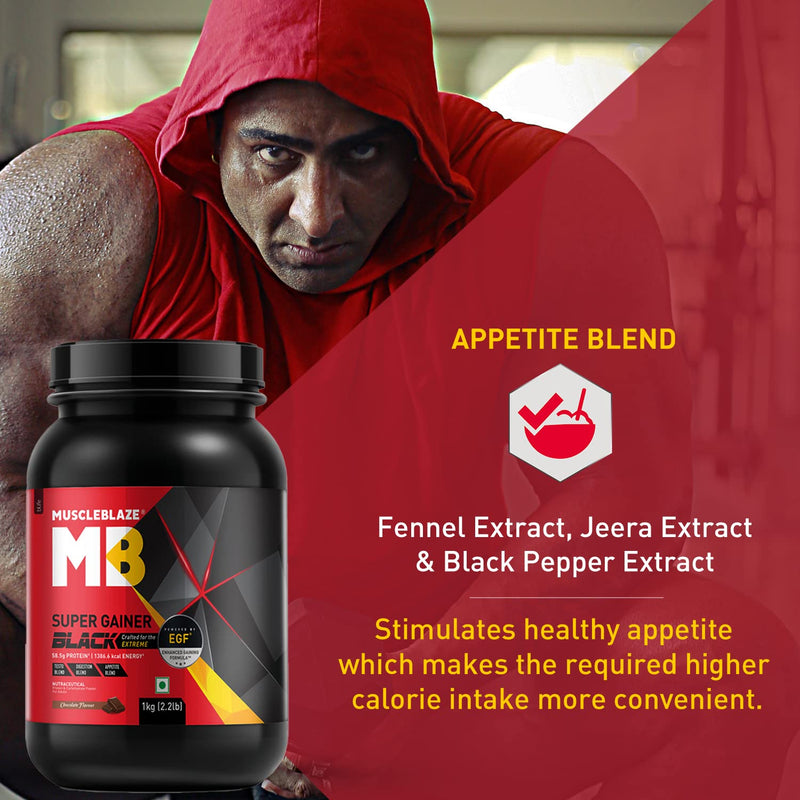 MuscleBlaze Super Gainer Black (Chocolate, 1 kg / 2.2 lb Powder)with Enhanced Gaining Formula- Appetite, Digestion & Testo Blend for Muscle Mass Gain