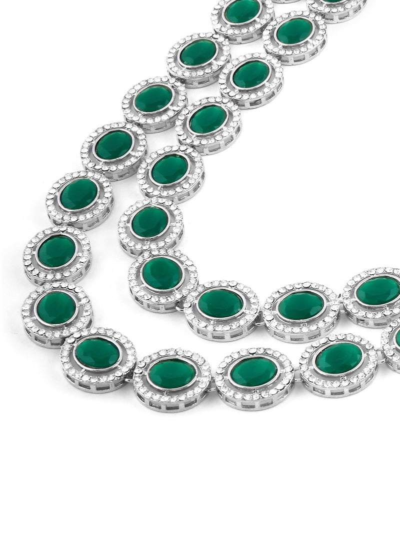 ZAVERI PEARLS Green Stones Dazzling Austrian Diamonds Layered Necklace Earring & Maangtikka Set For Women-ZPFK17569