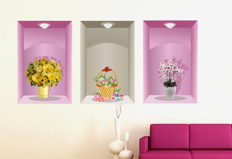 Sticker Hub 3 Pieces 3D Abstract Flower Pot Wall Sticker 30Cm X 46Cm Colour - Multicolour BS73