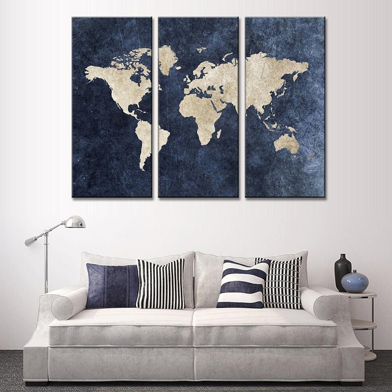 TECHBITE Multiple frames Split Painting on 5 mm White Sun board. World Map on Navy Panels wall art - 3 Frames Wall Decor. Ready to hang (36x28)