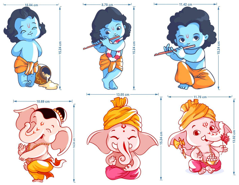 Walltech Combo Pack of Wall Stickers Lord Krishna Flute Playing with Cow (Covering Area 70 x 60 cms) with Ganesh and Friends (Set of -5) Switch Board Sticker