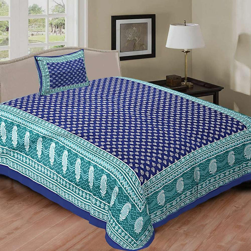 104 Tc Pure Cotton Single BedSheet with Two Pillow Covers | 60 X 90 Inches | EXLSG-108 | Blue