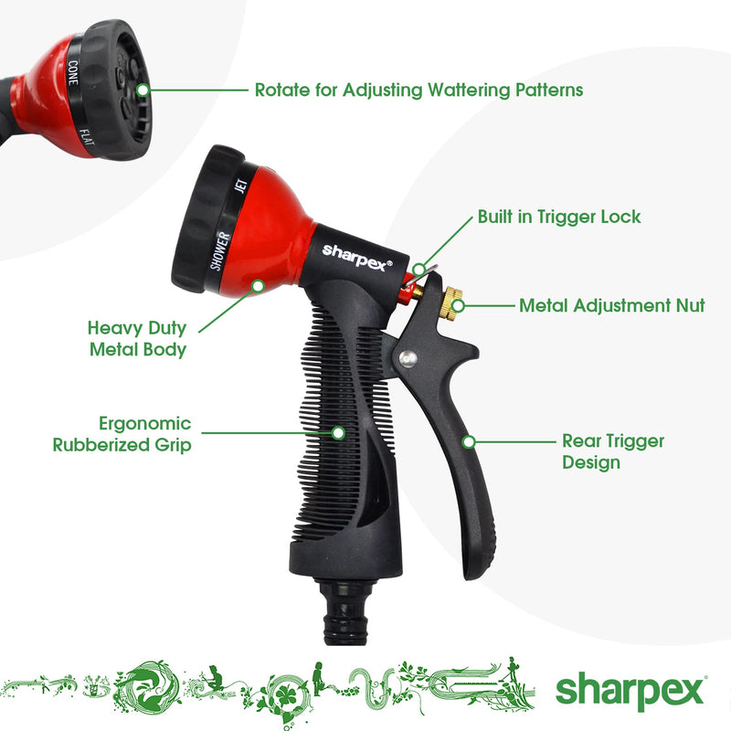 Sharpex High Pressure Water Gun Nozzle Spray for Garden Hose, Lawn, Car Washing, Bike Washer, Pets cleaning Sprinkler Water Gun - Heavy Duty Multi Adjustable Sprayer Nozzle For Pipe (Red), Metal