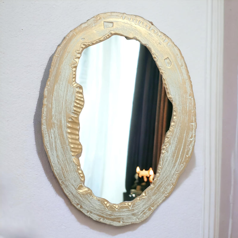 AESTHETIC DECOR Wooden Antique Handcrafted Mirror Frame with Live Edge Oval Shape Wall Mount for Makeup and Dressing (24"x18") Inches (White Gold)