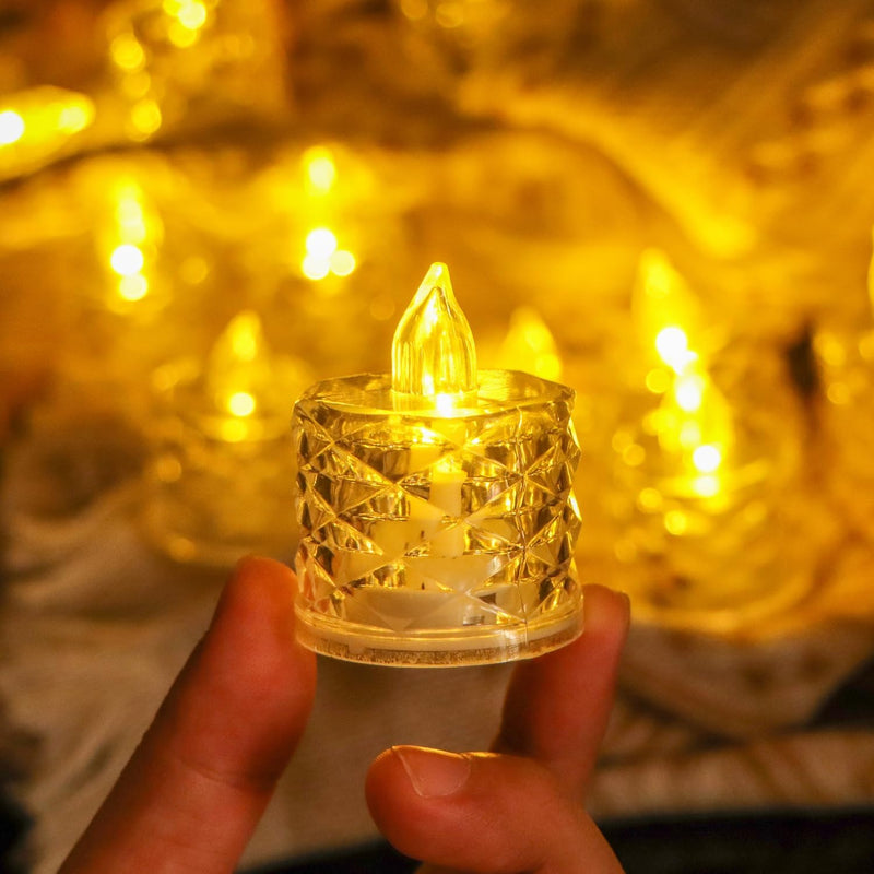 Crystal LED Tea Light Flicking Candle 6 Pieces Decorative Smokeless Flameless Acrylic Candles Lights for Home Decoration for Diwali, Christmas, Anniversary (Yellow, 5CM, Pack of 6)
