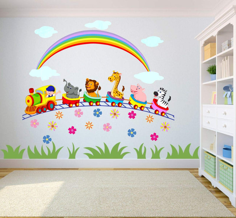 VCREATE DECOR Animals with Train Wall Sticker & Decal (PVC Vinyl,Size- 58 Cm X 56 Cm)