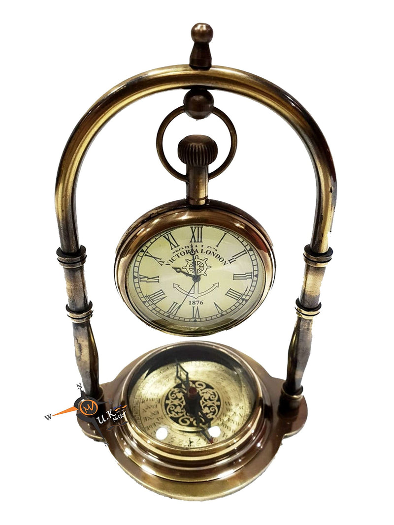 M.A & SONS Antique Brass Table Clock Compass Style Nautical Maritime Ship Desk Clock Office Decor Solid Brass Beautifully Engraved Clock & Compass