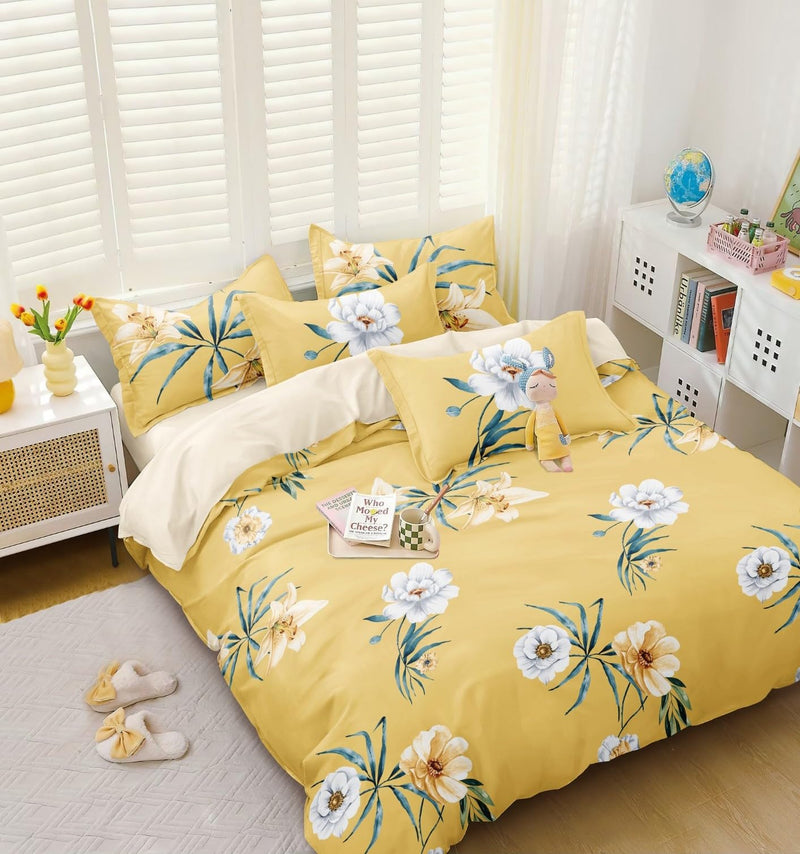 The Bright Evening Premium Bedsheet | King Size Bedsheet with 2 Pillow Covers -3pc Set | Floral | Blended Cotton | Yellow