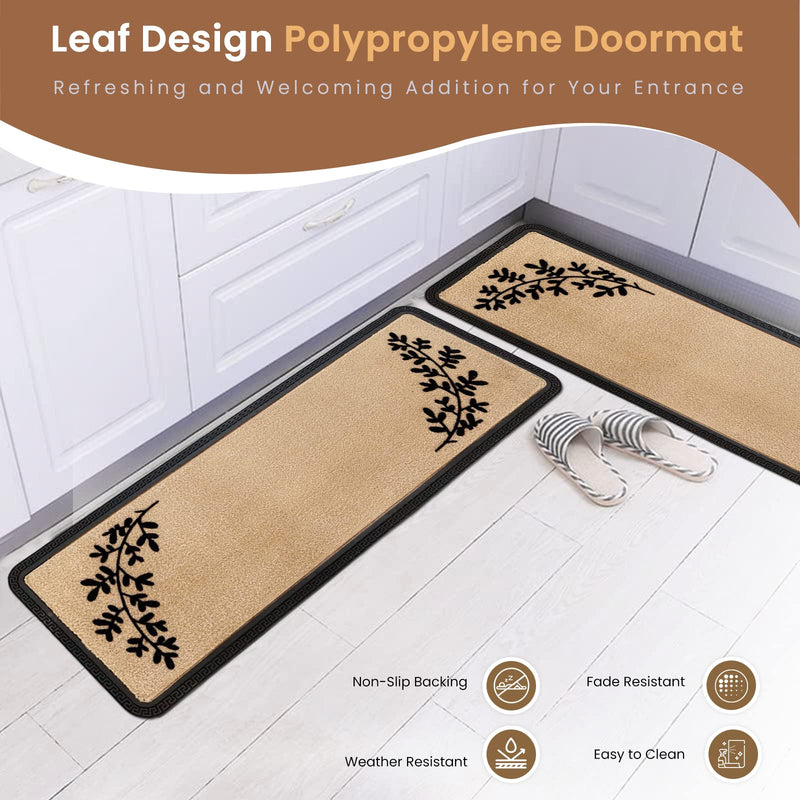 Onlymat Weatherproof Polypropylene Doormat with Leaf Design & Anti Skid Rubber Backing, Large Rectangular Entryway Rug for Entrance, Patio, Bedroom, Living Room, Kitchen, Black and Beige, 40 cm×120 cm