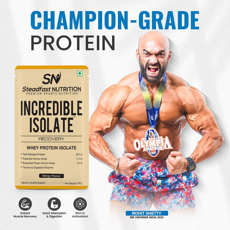 Steadfast Nutrition Incredible Isolate Whey Isolate Protein |100% Pure Isolate Powder with 25g Protein |Muscle Building & Weight Loss Supplement | Instant muscle recovery (Chocolate, 6 Sachets)