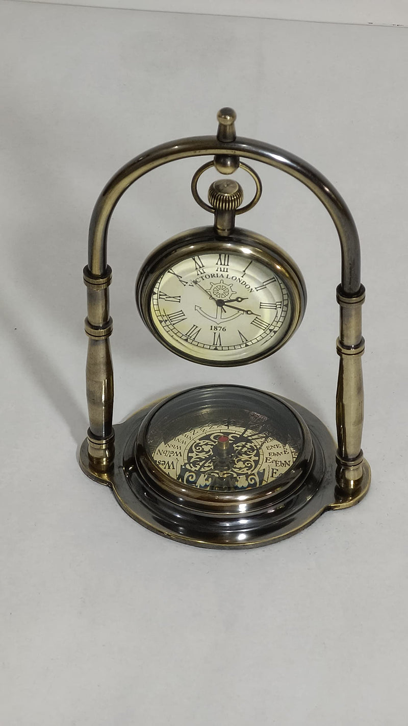 SOHRAB NAUTICALS Hanging Clock Ship Table Clock Brass Desk Clock Maritime Brass Compass with Antique Victoria London Pocket Watch Finish Antique Watch with Compass