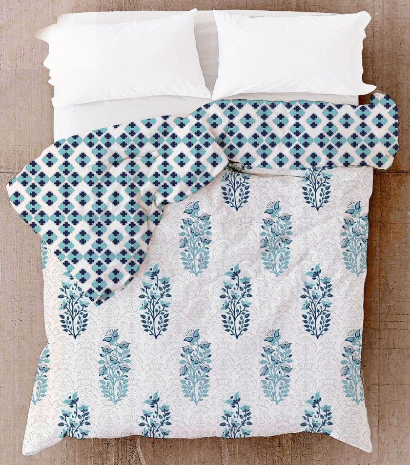 VOMI Dohar 100% Cotton Dubble Bed| Soft | Light Weight | Reversible Two Side use Lightweight Printed Double Bed AC Dohar Blanket Quilt (Sky Blue Prints)