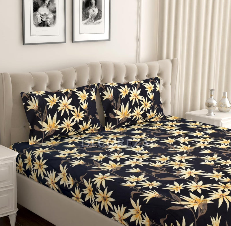 DECOREZA 320 TC Cotton Feel Glace Cotton Printed Elastic Fitted King Size Double Bed Bedsheet with 2 Pillow Covers | Fitted Bedsheets King Size 78 x 72 x 8, Space Leaves