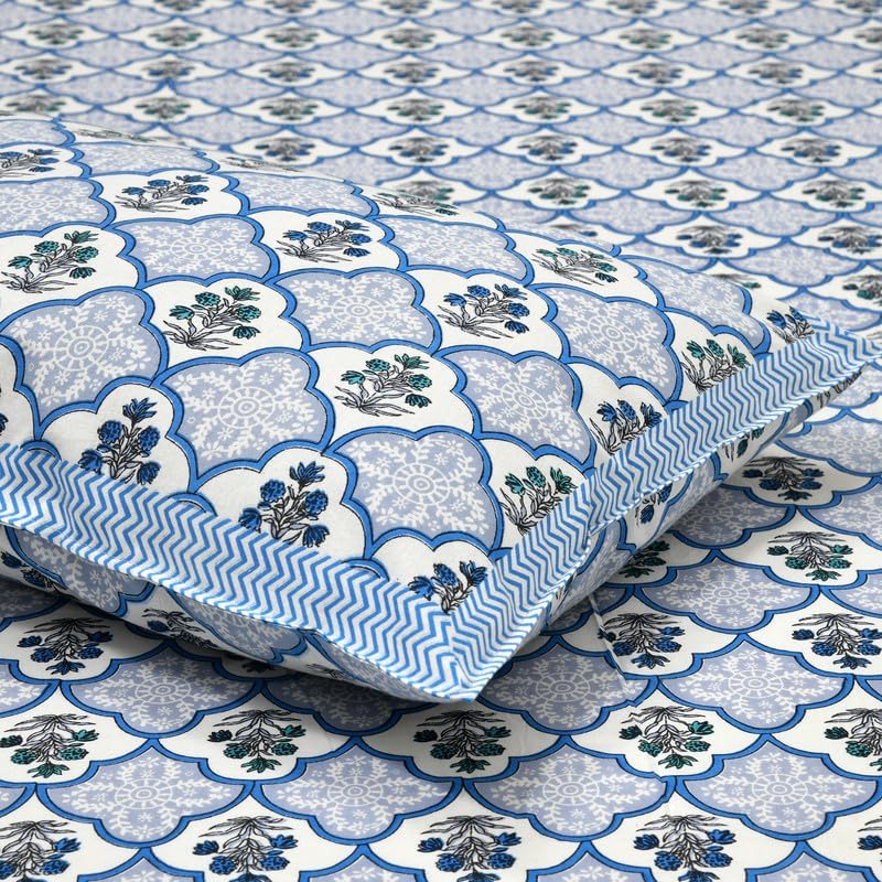 elanorhomes Hand Block Printed 240TC 100% Cotton Double King Size Bedsheet | 93 x108 Inches | 2 Pillow Covers (Blue Blossom)