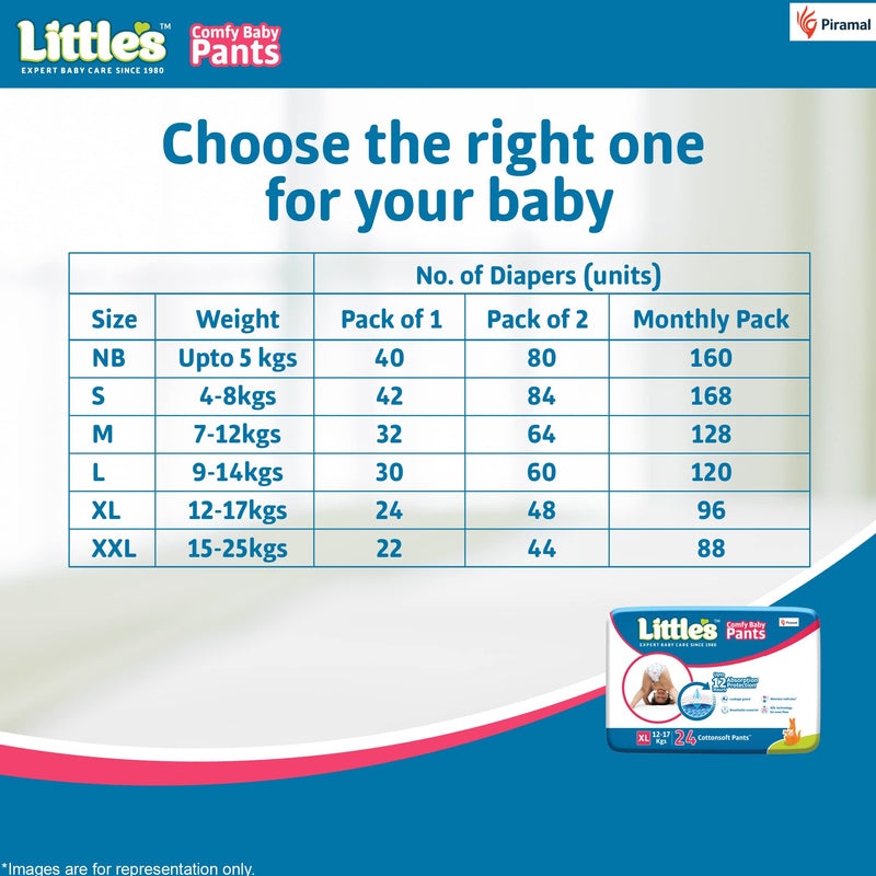 Little's Baby Pants Diapers,Extra Large(XL),24 Count,12-17 kg, with Wetness Indicator & 12 Hours Absorption