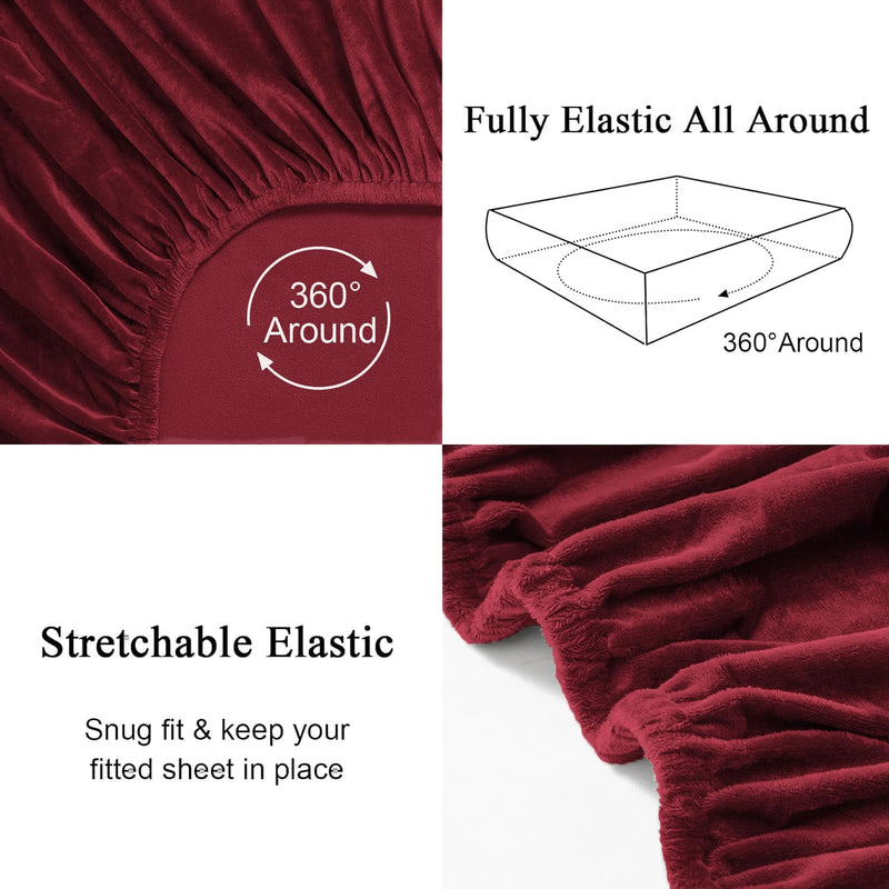 Cloth Fusion Warm Winter Solid Flannel Fleece Elastic Fitted Bedsheet for Double Bed King Size with 2 Pillow Covers (78"X72" inches, Maroon)