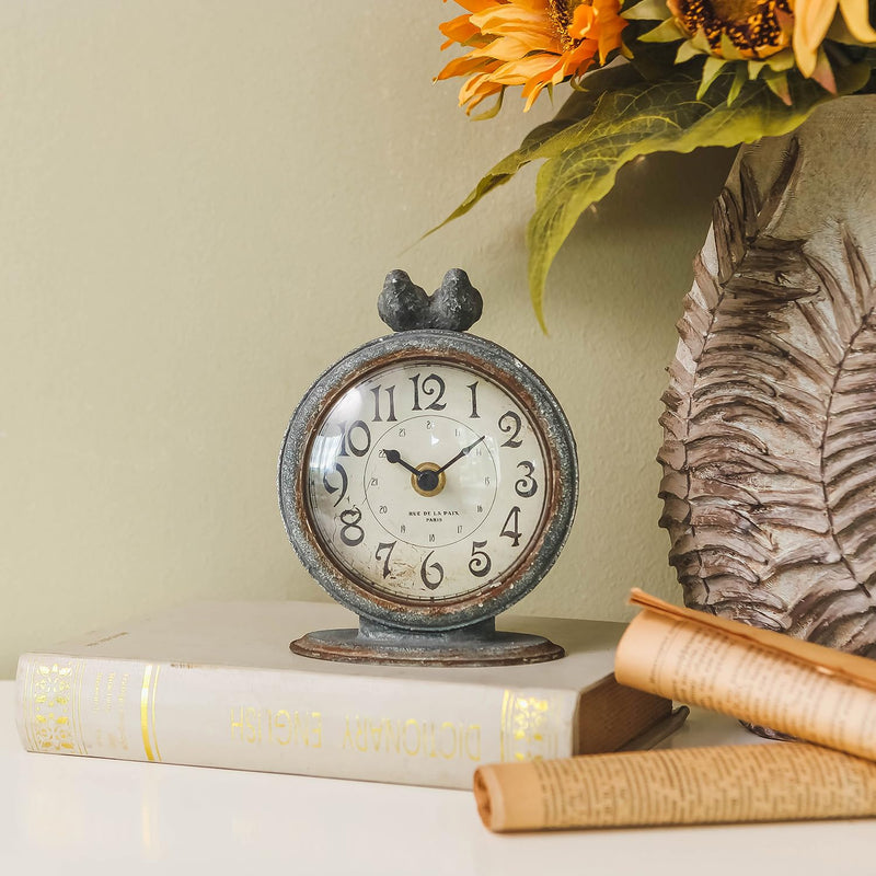 NIKKY HOME Shabby Chic Pewter Round Quartz Table Clock with 2 Birds, 4.75" x 2.5" x 6.12" Slate Grey